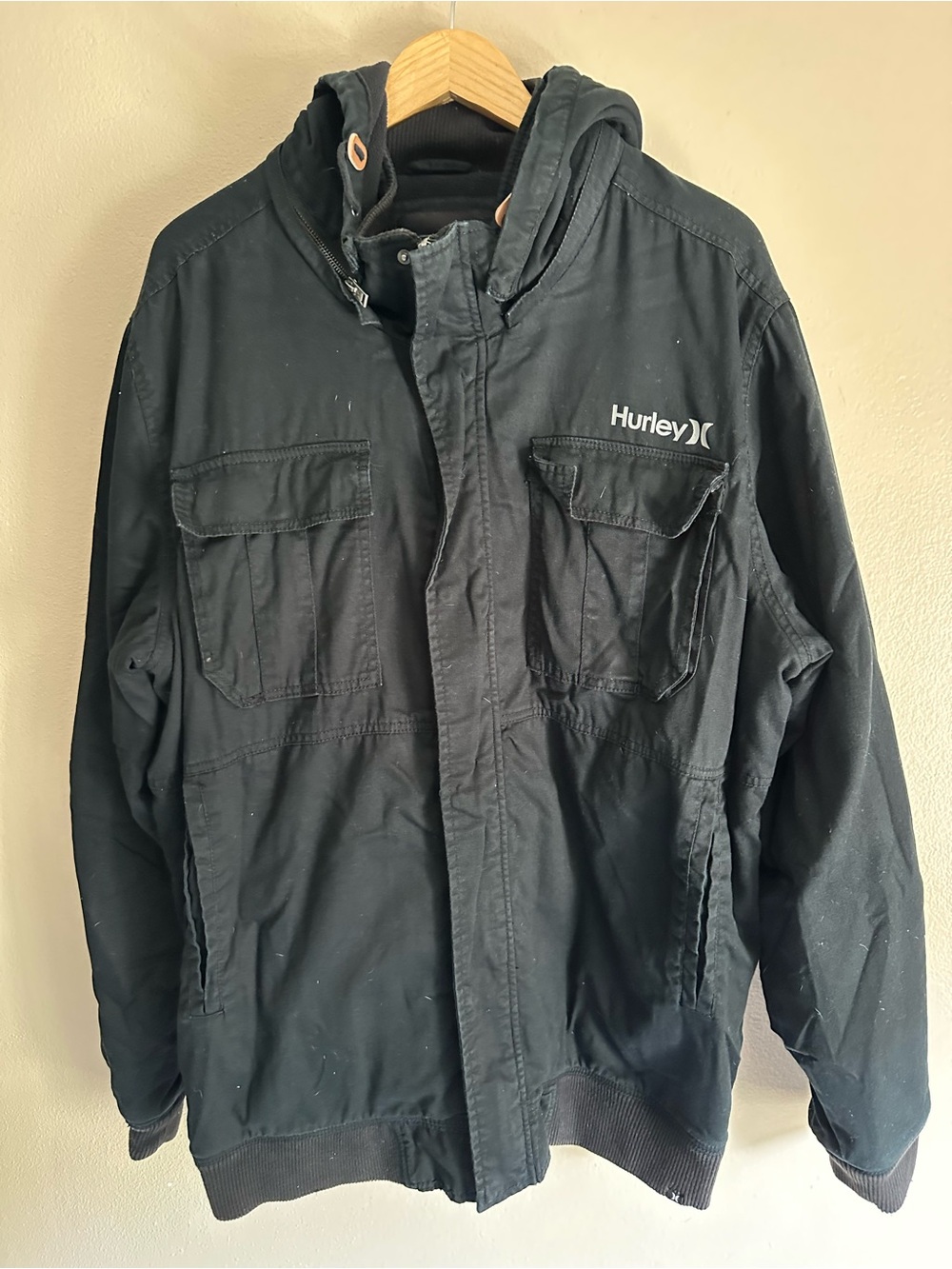 Hurley Black Hooded Field Jacket with Chest Pockets